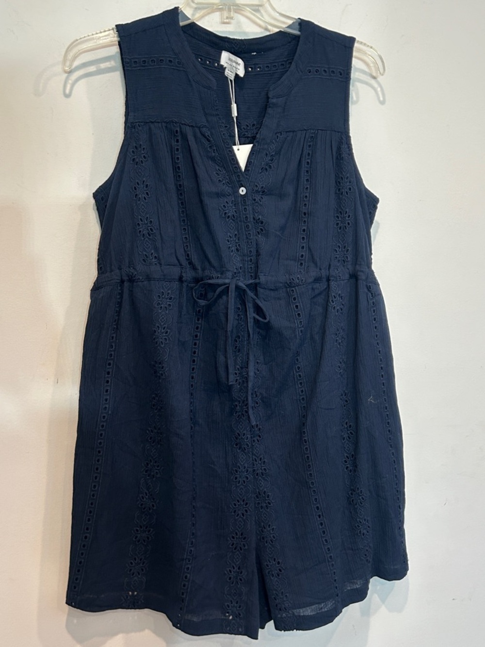 Seraphine Maternity Sleeveless Navy Eyelet embroidered Tie-Waist romper 10 new